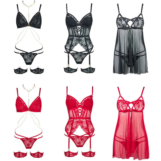 FREEDOMBEAUTY | FQ287234 Embroidery Underwear Set Series Mesh Perspective Sex Underwear Waist Women's Nightdress Cross-border Black