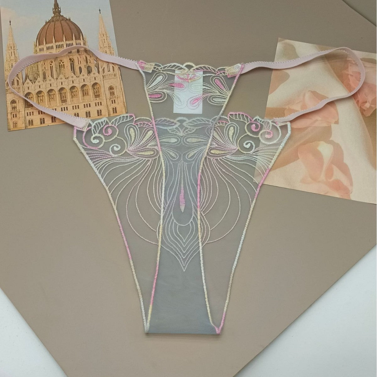 FREEDOMBEAUTY | Transparent mesh embroidery sexy perspective light women's sexy thong three-color optional pattern embroidery cross-border