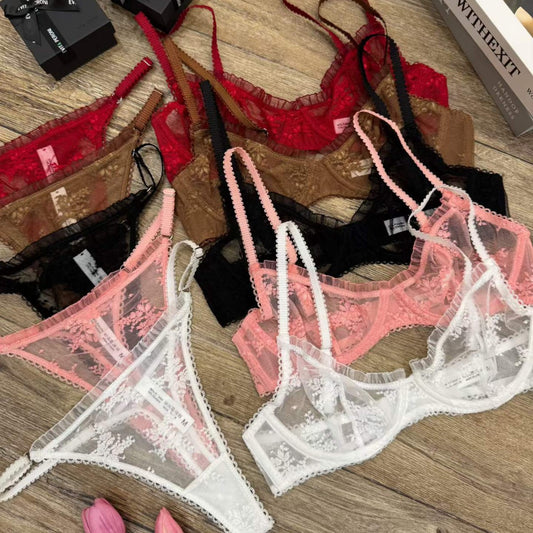 FREEDOMBEAUTY | Ultra-thin lace embroidered French underwear foreign trade sexy trousers fungus edge bra cross-border transparent bra set