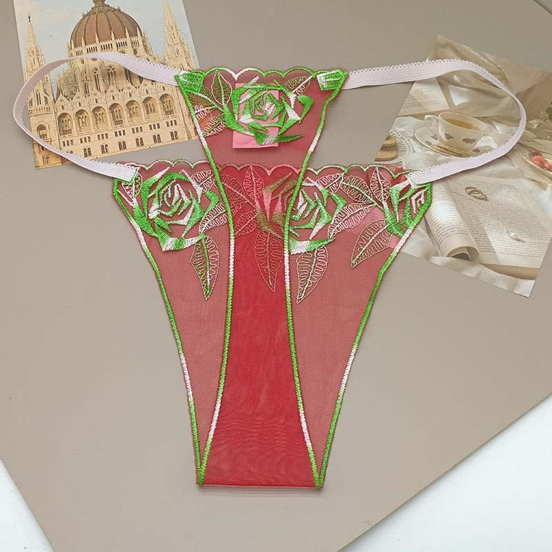 FREEDOMBEAUTY | Transparent red mesh embroidery hollowed-out sexy women's sex thong t-pants flower embroidery perspective panties cross-border