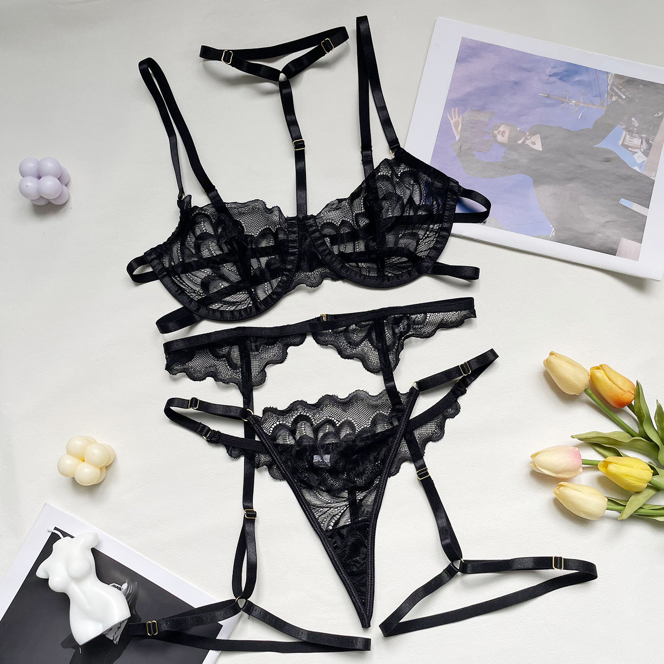 freedombeauty|Hot-selling multi-color lace lingerie women's sexy eyelashes pajamas bra three-piece set