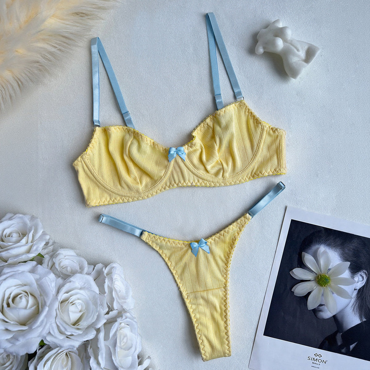 FREEDOMBEAUTYDIER sweet girl contrasting bra set, bow thong underwear wholesale two-piece set