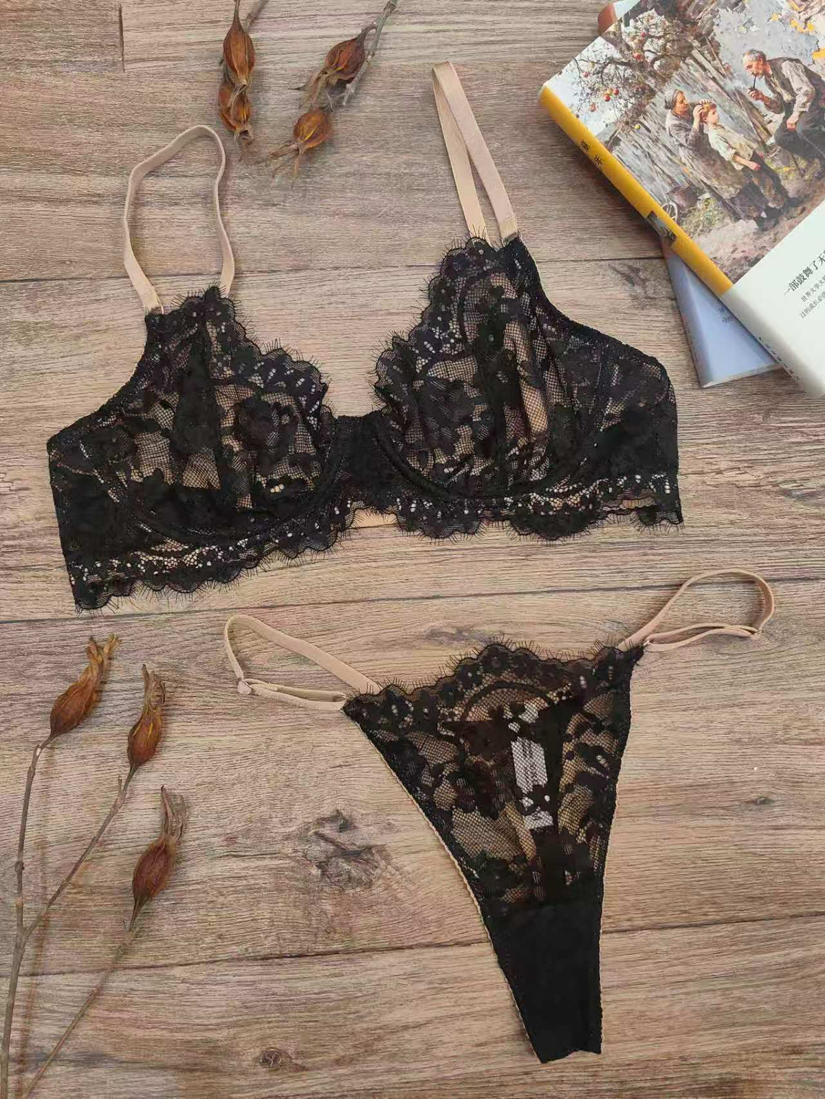 FREEDOMBEAUTY | French lace underwear sponge-free sexy bra foreign trade big breasts small gathering bra set Lingerie