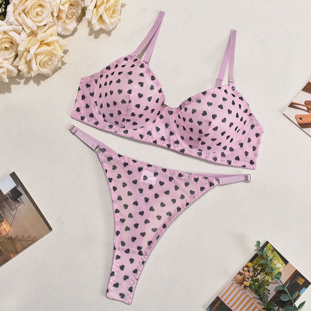 FREEDOMEBEAUTY | Popular set of sex underwear four seasons underwear love printing temptation 2-piece set of lace sexy hollow