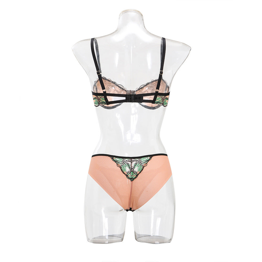 FREEDOMBEAUTY | Sexy underwear cross-border lace embroidery ultra-thin large chest shows small steel ring gathering bra set Lingerie