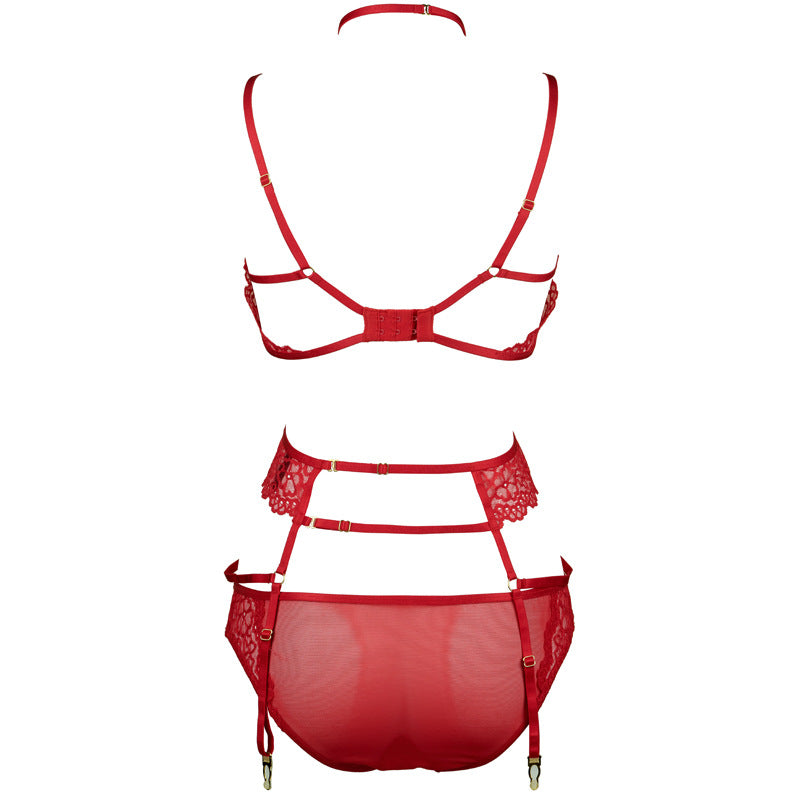 FREEDOMBEAUTY | FQ2770M205 Valentine's Day red lace steel rim double-layer bra neck garter belt low-rise briefs set