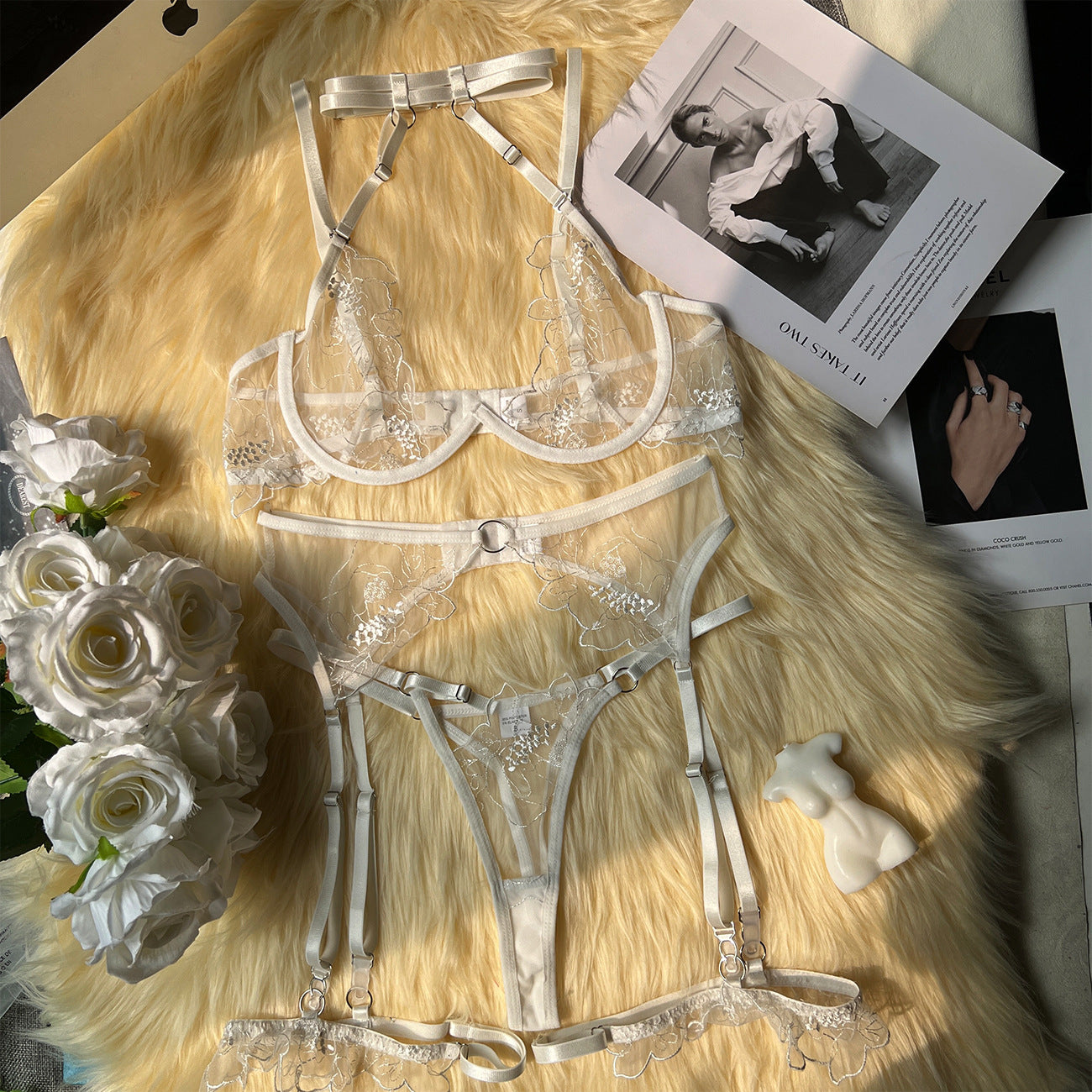 freedombeauty|Sexy seduction mesh heavy industry embroidery bra kit
