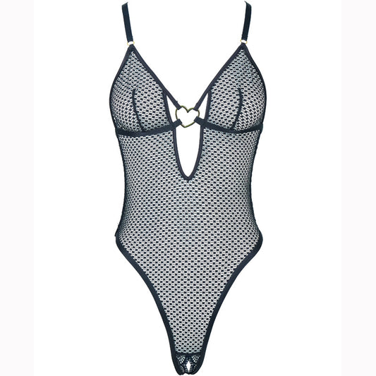 FREEDOMBEAUT | FQ2828 Flower Mesh Metal Heart Button Crotch onesie black sexy see-through female seduction sex cross