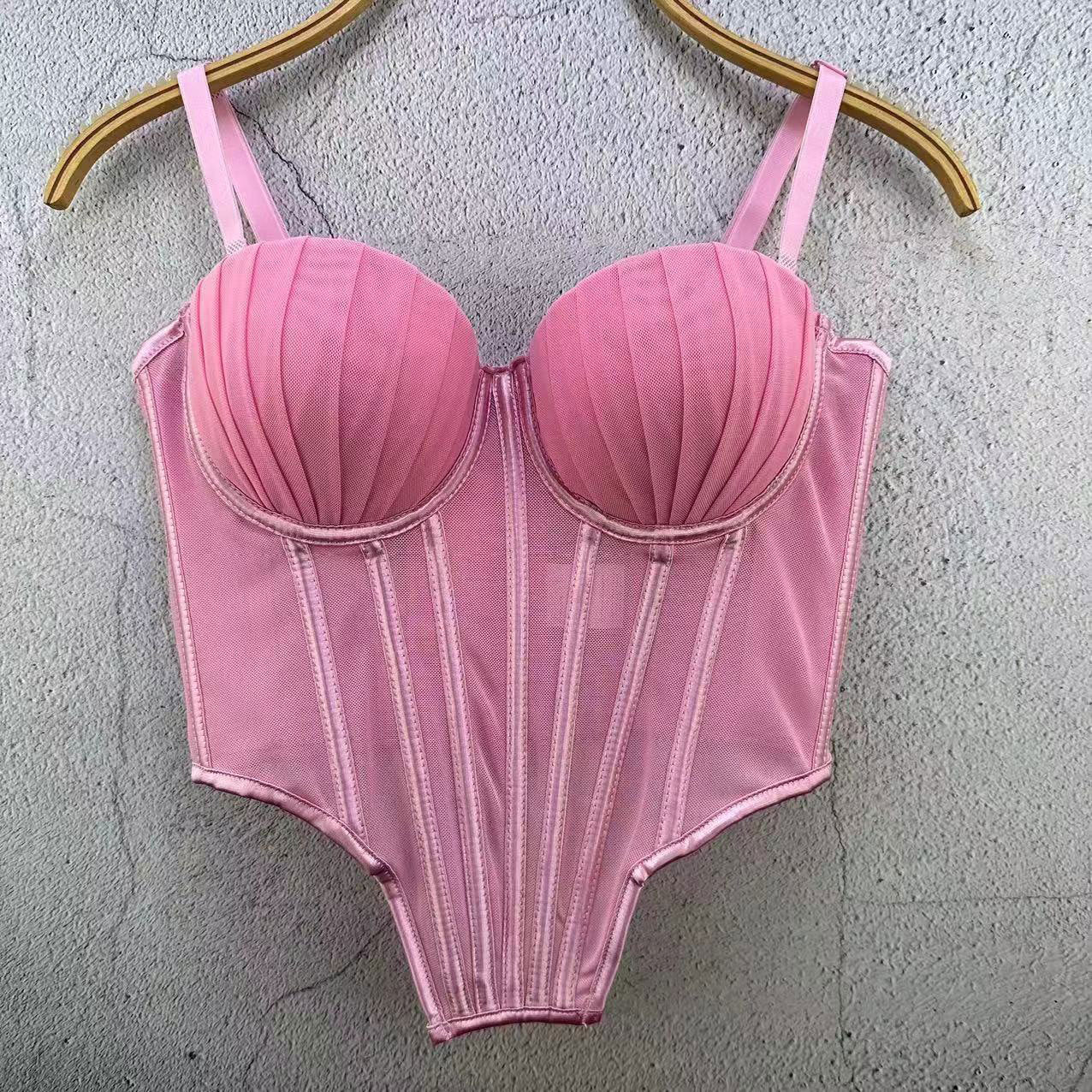 FREEDOMBEAUTY | European Station French Design Sense Mesh Lace Plastic Back Underwear Spice Girl Fishbone Tube Top Women's Thin