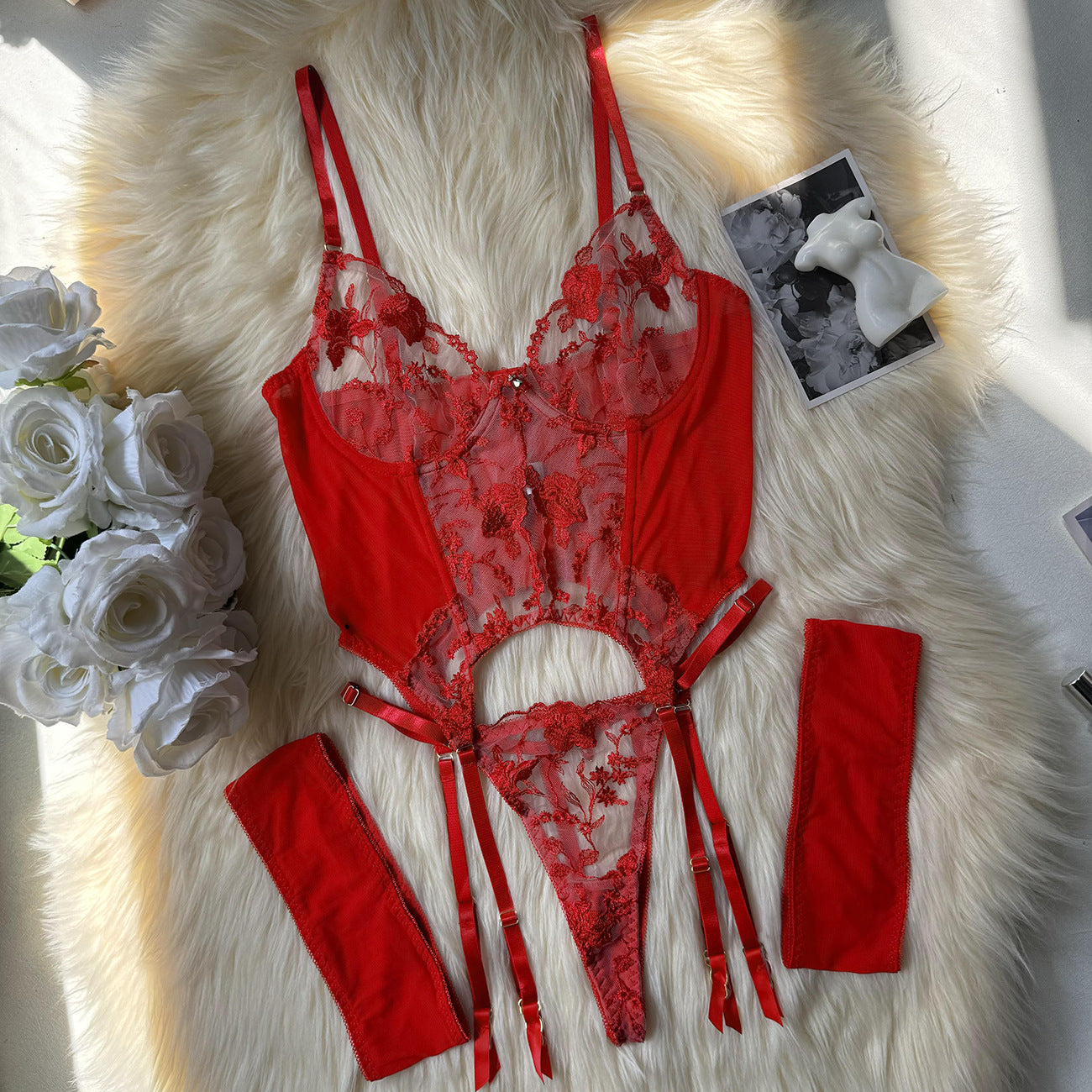 freedombeauty|Popular Sexy Temptation Mesh Heavy Industry Embroidery Mesh 3-piece Bra Set