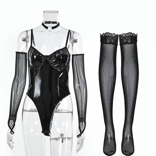 Freedombeauty | New Lace PU Leather Splicing Perspective Suspender Sex Fun  bodysuit Women 27317