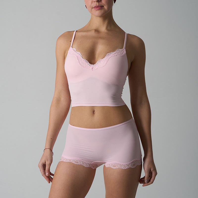 FREEDOMBEAUTY | fits everybody with chest pads, suspenders, nude slim-fit lace tank top, shorts set