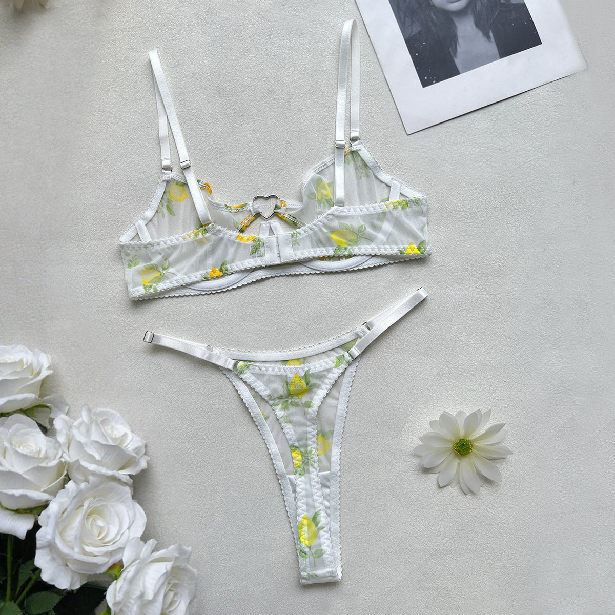 FREEDOMBEAUTY | lemon print mesh bra set, love button thong two-piece set