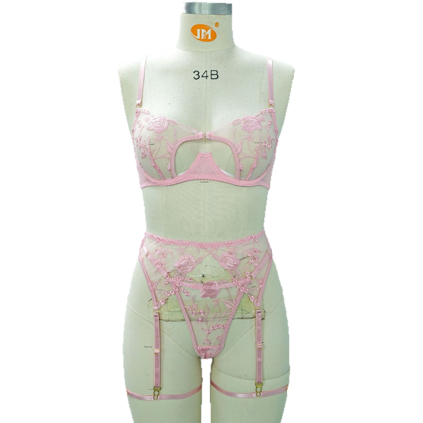 FREEDOMBEAUTY | European and American cross-border foreign trade new pink exquisite flower embroidered women's clothing with steel ring waist seal garter belt bra set