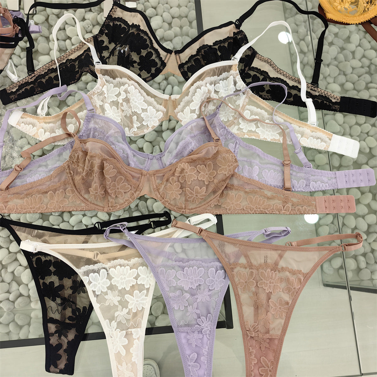 FREEDOMBEAUTY | Sexy lace embroidered French underwear ultra-thin big chest small steel ring gathered bra Lace bra set