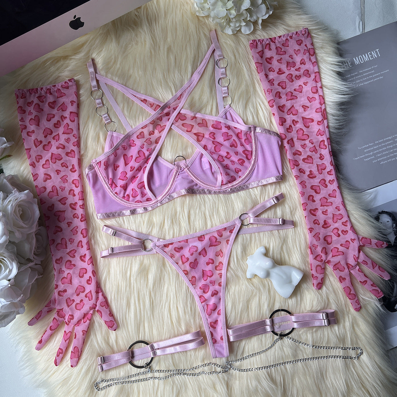 freedombeauty|Pink leopard print metal chain sexy underwear set with gloves leg rings Valentine's Day gift hot