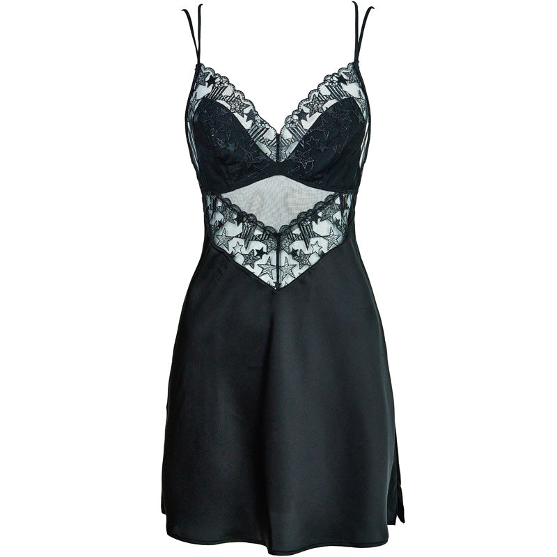 FREEDOMBEAUTY | FQ2861 Suspender Women's Nightdress Sexy Halter Temperament French Star Embroidery Satin Summer Suspender Skirt Black