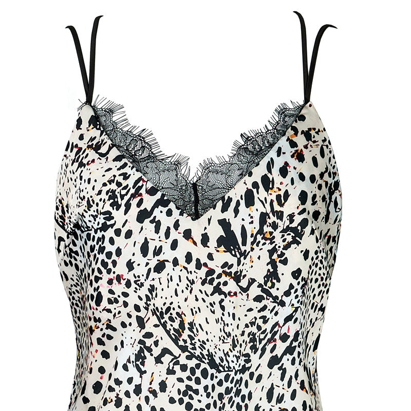 FREEDOMBEAUTY | FQ2720 Leopard print eyelash lace nine-character buckle adjustment comfortable women's sexy V-print pajama dress European and American cross-border