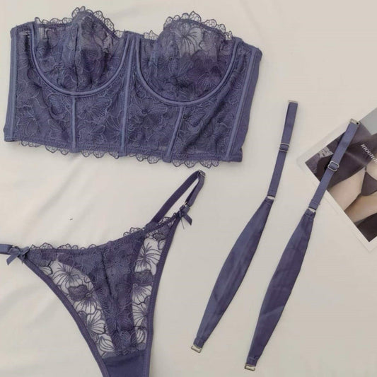 FREEDOMBEAUTY | Sexy lace embroidered ultra-thin French underwear with big breasts and small fishbone clothes, removable shoulder straps, gathering bra set