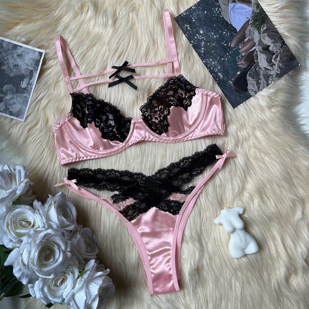 freedombeauty|Cute Pink Ladies Lace Bra and Thong Underwear Set