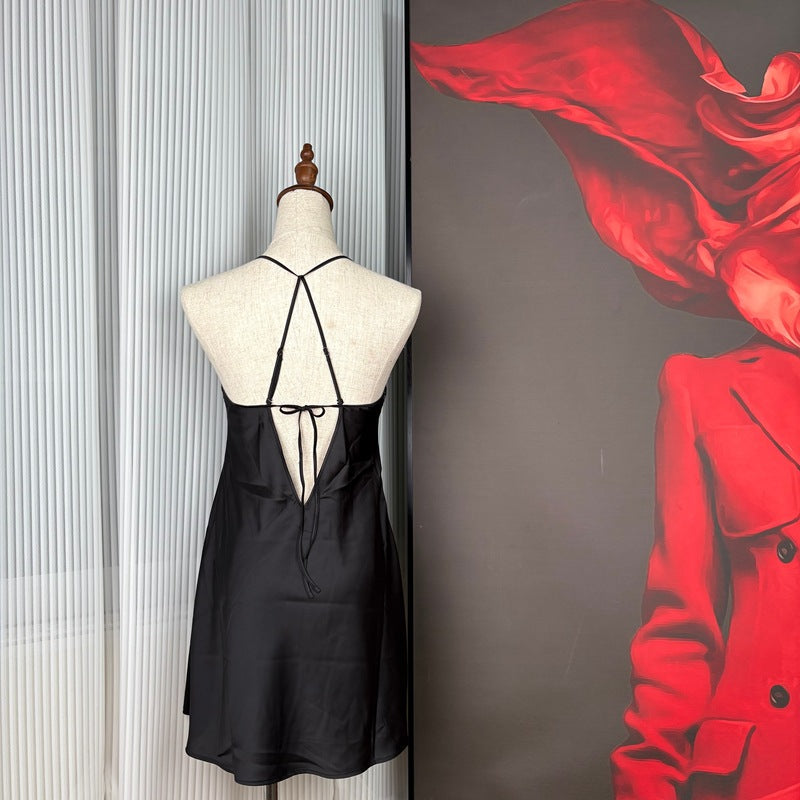 FREEDOMBEAUTY | FQ2802 Laser Embroidery Premium Satin Suspender Nightdress Light Luxury Homewear Sexy Nightdress Women's Skin Tone Black