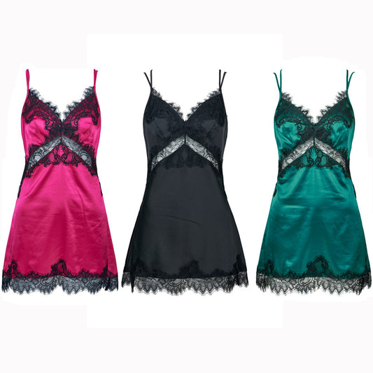 Freedombeauty | FQ2827 Eyelash Lace Splicing Simulation Silk Satin Nightdress Women's Sexy Suspender Backless Sex Europe and America