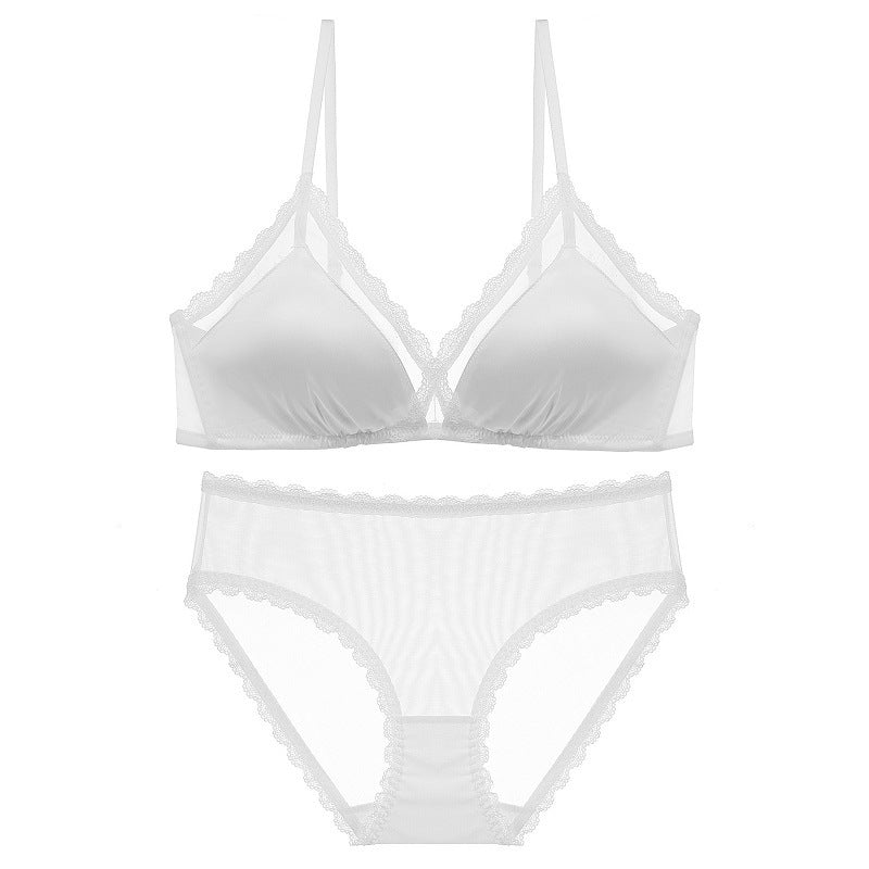 FREEDOMBEAUTY | Summer Sexy Underwear French Pure Desire Triangle Cup Steel Rim Free Bra Glossy Lace Small Breasts Gathering Underwear Set