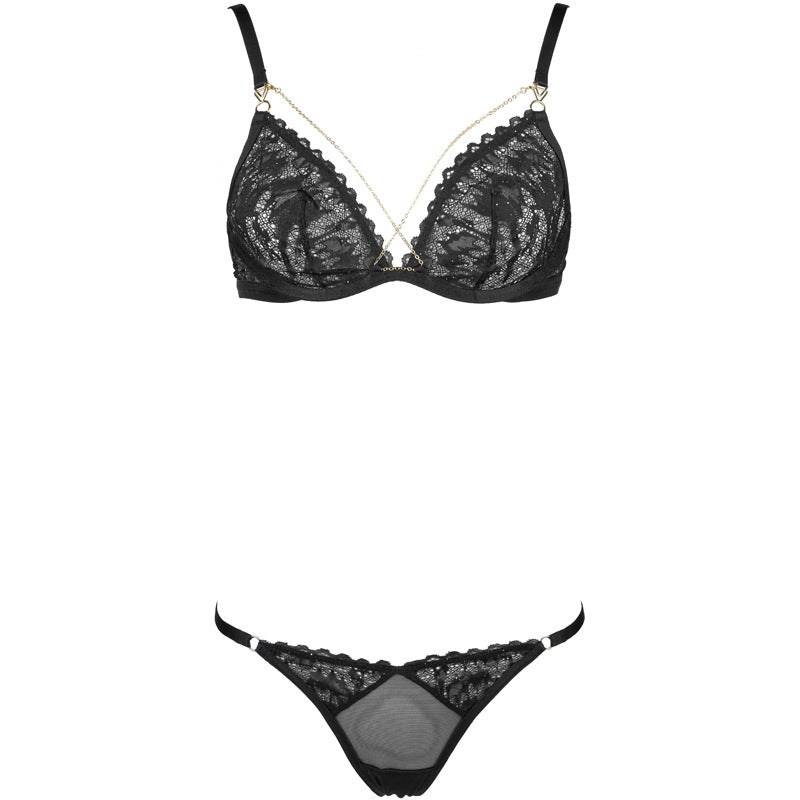 Freedombeauty | FQ2852 French lace triangle cup soft steel rim perspective chain bra thong garter black lingerie
