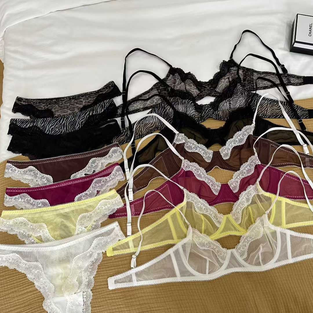 FREEDOMBEAUTY | Foreign Trade French Sexy Ultra-thin Transparent Mesh Underwear Big Breasts Show Small Lace Gathering Bra Set Sexy Bra