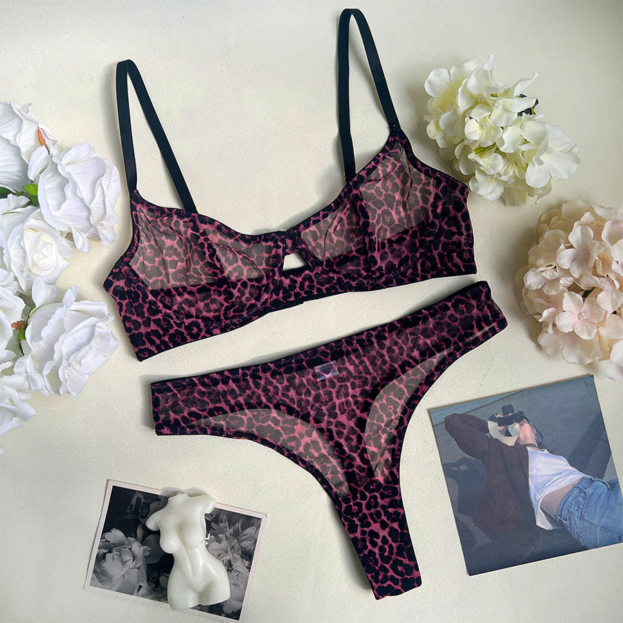 freedombeauty|Sexy leopard print underwear, French bra, ultra-thin mesh sex set, perspective.