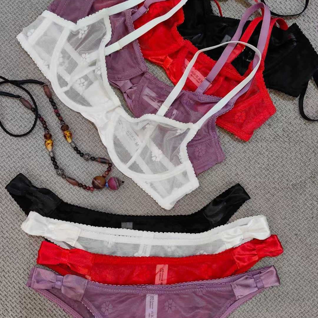 FREEDOMBEAUTY | Sexy lingerie summer ultra-thin flocking embroidered French underwear big chest small bra set sexy bra