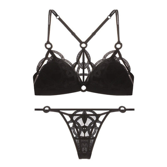 FREEDOMBEAUTY | French sexy back underwear women's big breasts show small large size underwear set thin mesh embroidered steel-rimless bra