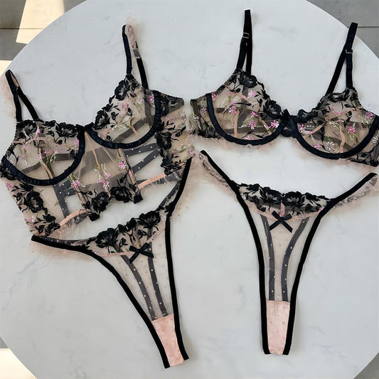 FREEDOMBEAUTY | French ultra-thin underwear lace embroidered steel ring upper support large chest and small bra cross-border mesh transparent bra set