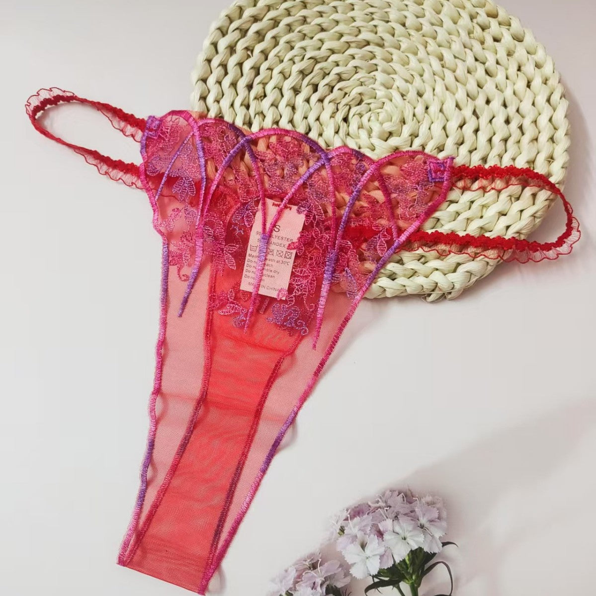 FREEDOMBEAUTY | New women's triangular mesh lace hollow sexy European and American mesh mountains embroidery color matching cross-border perspective T-character