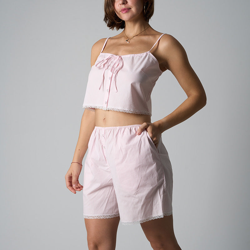 FREEDOMBEAUTY | COTTON JERSEY The same STRIPES lace-up woven bow clavicle super vest lace striped set