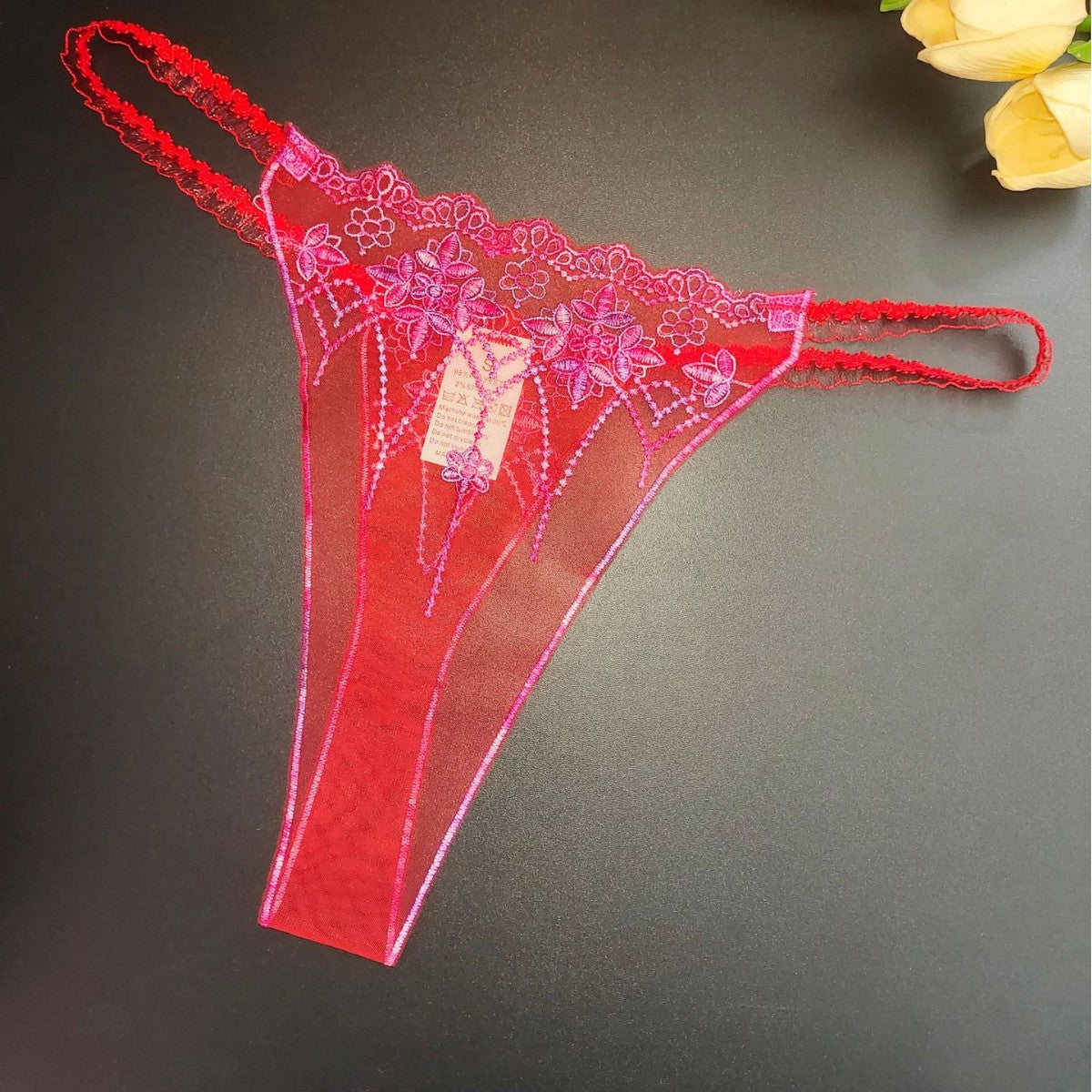 FREEDOMBEAUTY | Sexy transparent red mesh embroidered women's thong three-color matching lace lace crotchless light