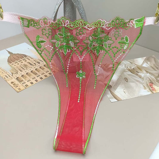 FREEDOMBEAUTY | Triple color green purple pink yellow transparent red mesh pattern embroidery sexy hollow women's sex thong cross-border