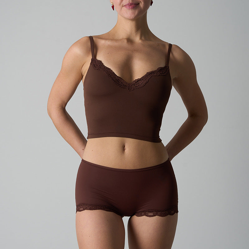 FREEDOMBEAUTY | fits everybody with chest pads, suspenders, nude slim-fit lace tank top, shorts set