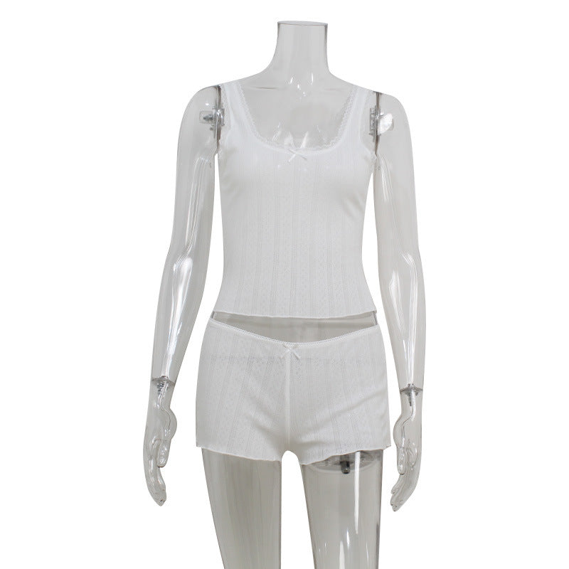 FREEDOMBEAUTY | American Pure Desire Summer Hundred Pagoda Slim-fit Lace Edge Splicing Sleeveless Vest Shorts Cotton-containing Suit Women's Clothing