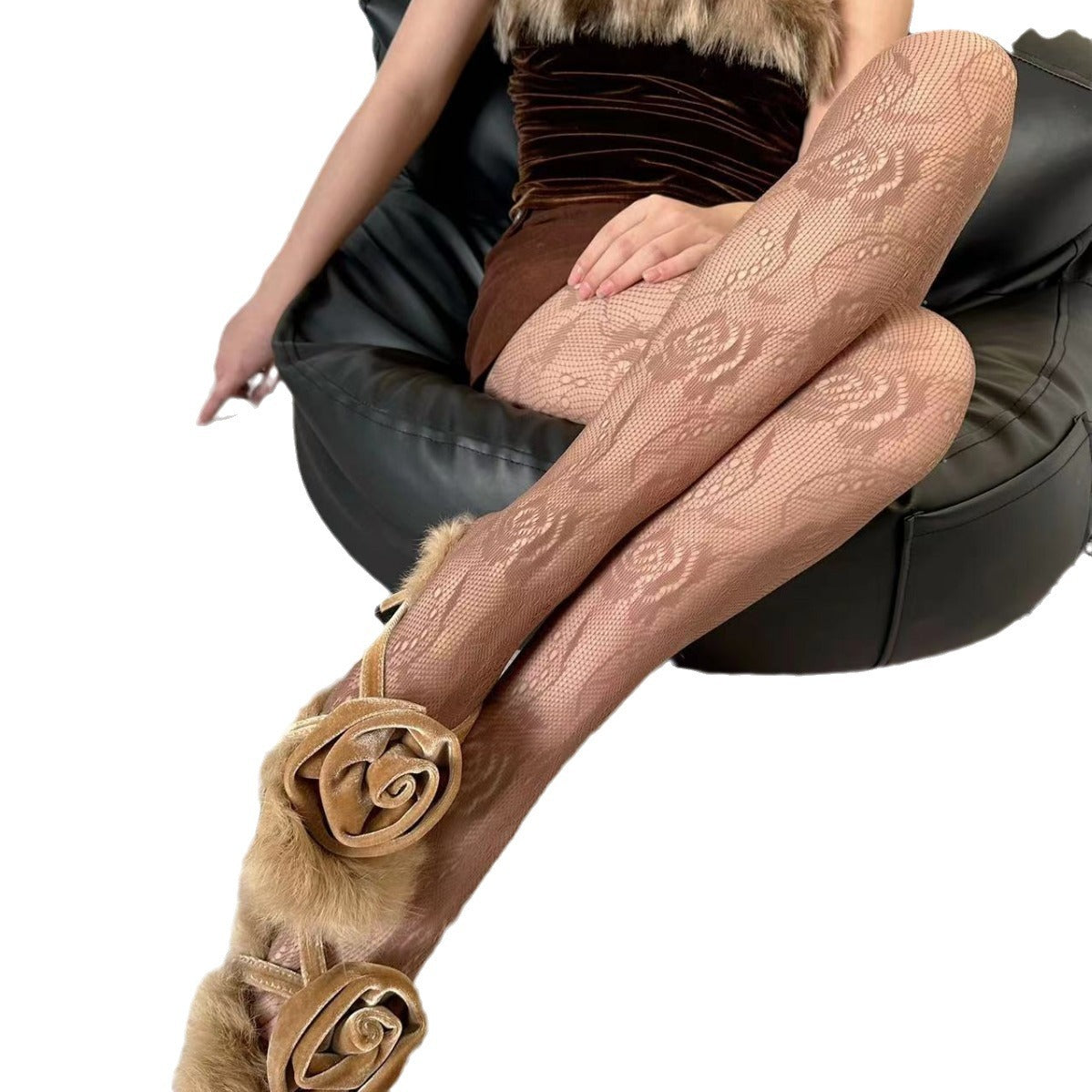 FREEDOMBEAUTY | Spring and summer new retro Chinese style rose hollow jacquard fishing net socks anti-hook bottom pantyhose women