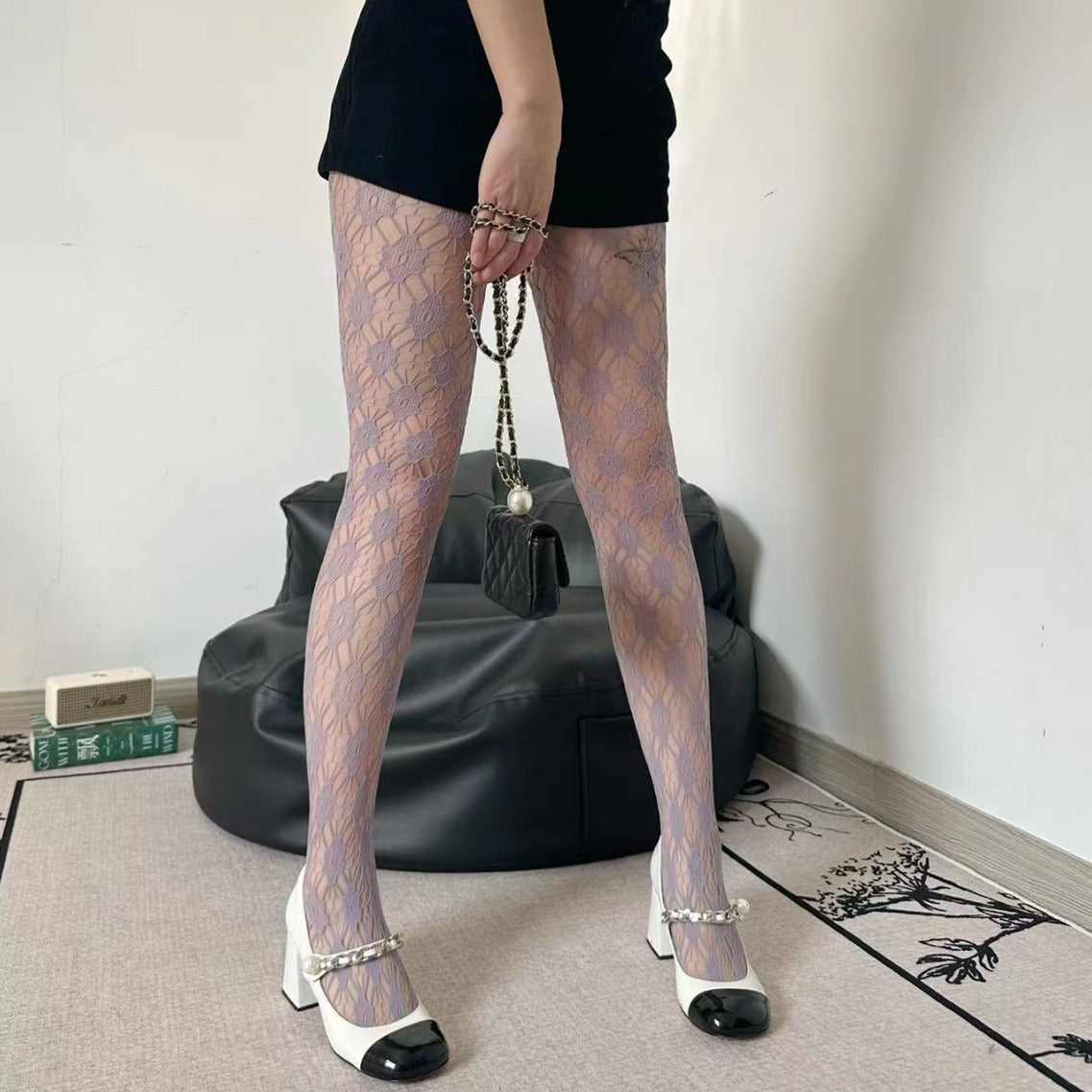 FREEDOMBEAUTY | Spring and summer new cherry blossom rhombus grid net socks Japanese sweet girl bottom stockings fishing net socks thin pantyhose women