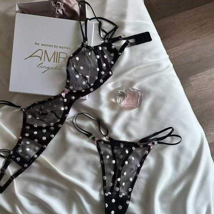 FREEDOMBEAUTY | Cross-border polka dot sexy lingerie transparent gathering bra set underwear белье Sexy Bra