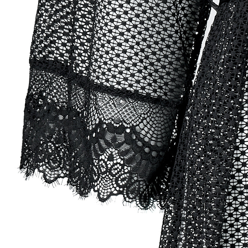 FREEDOMBEAUTY | FQ2830 Flower mesh micro-elastic satin hemming eyelash lace medium sleeve nightgown private room pajamas can be matched with nightgown sexy