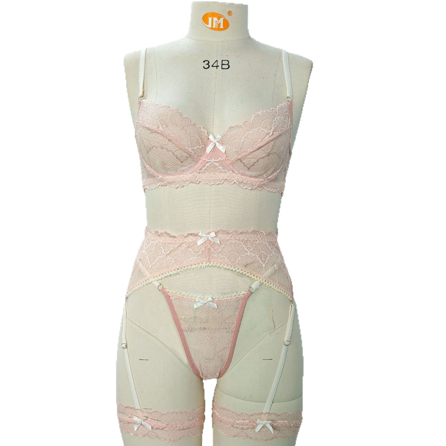 FREEDOMBEAUTY | European and American style foreign trade cross-border new product pink bra lace set garter leg ring bow exquisite women's clothing