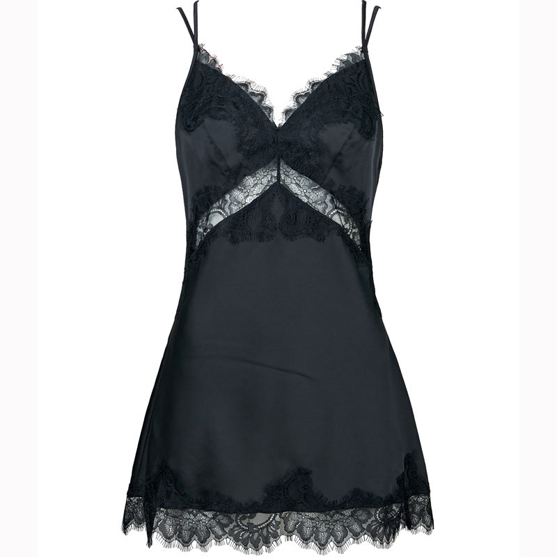 Freedombeauty | FQ2827 Eyelash Lace Splicing Simulation Silk Satin Nightdress Women's Sexy Suspender Backless Sex Europe and America