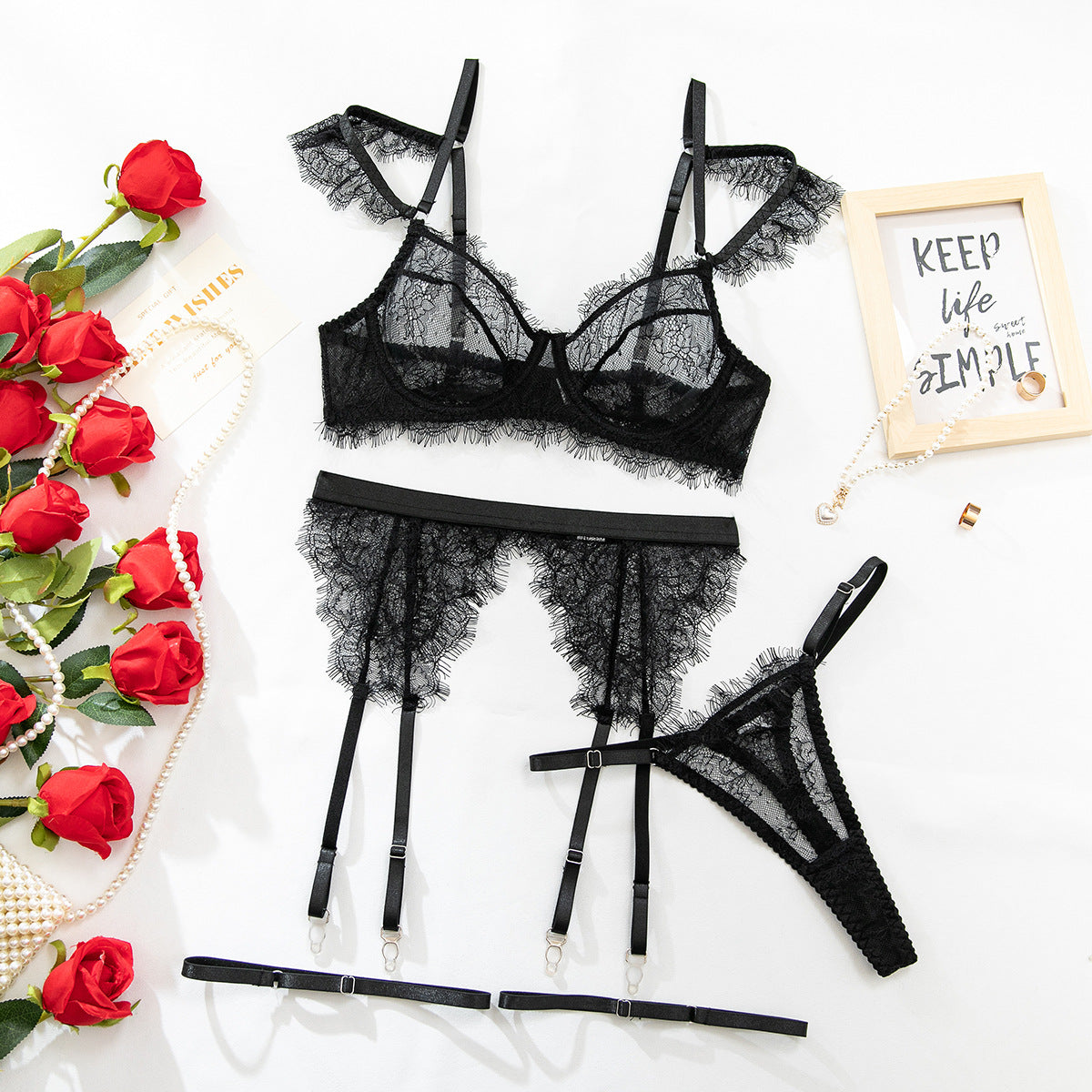 FREEDOMBEAUTY | European and American new sex underwear sexy French eyelash lace hollow temptation body sculpting bra four-piece set