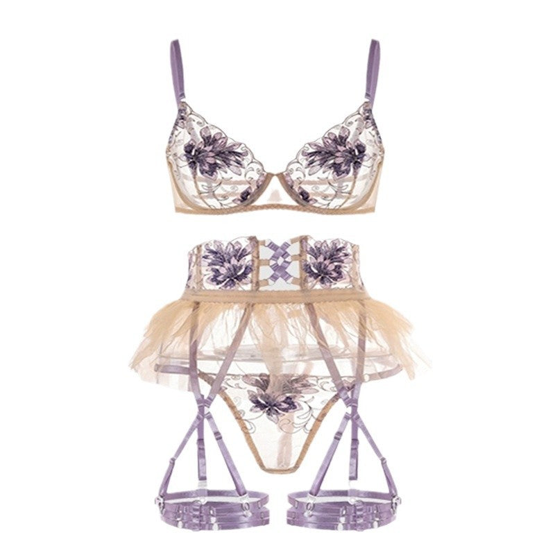 FREEDOMBEAUTY |Нижнее белье heavy industry embroidered lingerie women's fluffy small skirt three-piece set