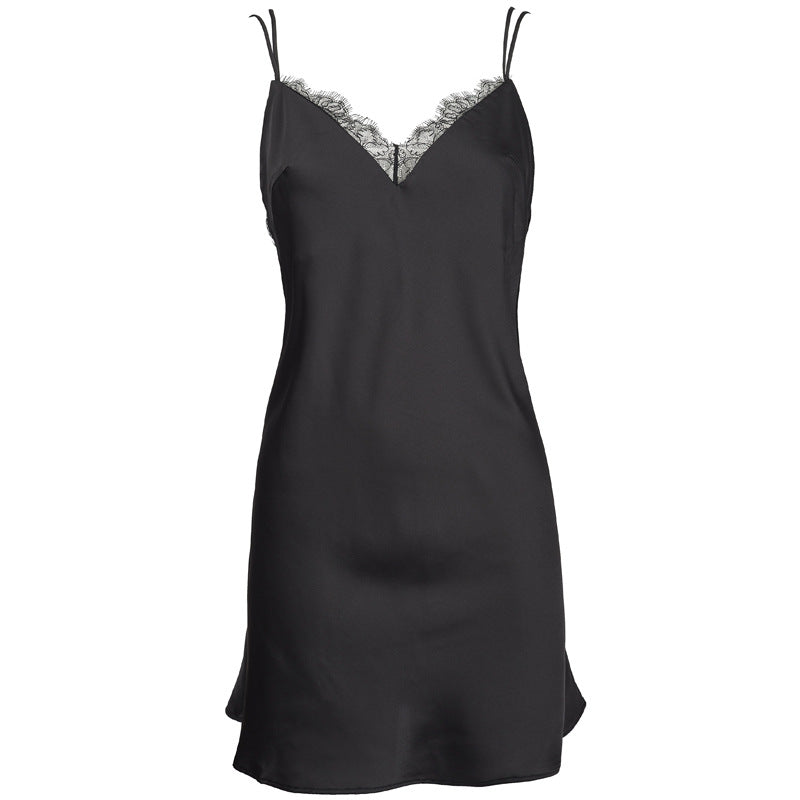 FREEDOMBEAUTY | FQ2720 eyelash lace satin satin suspender halter cross with V-neck sleeveless comfortable nightdress women's black and white
