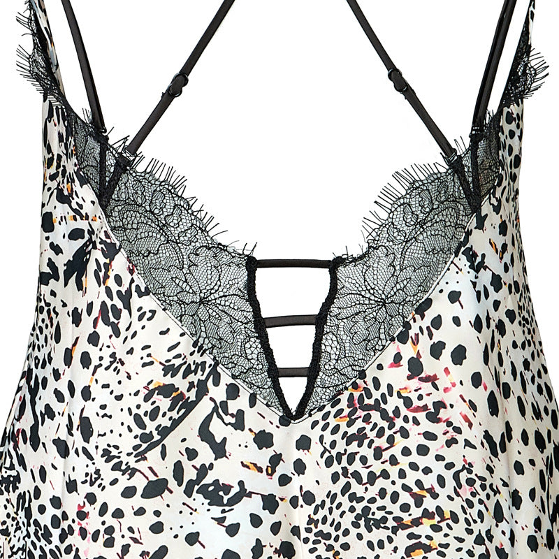 FREEDOMBEAUTY | FQ2720 Leopard print eyelash lace nine-character buckle adjustment comfortable women's sexy V-print pajama dress European and American cross-border