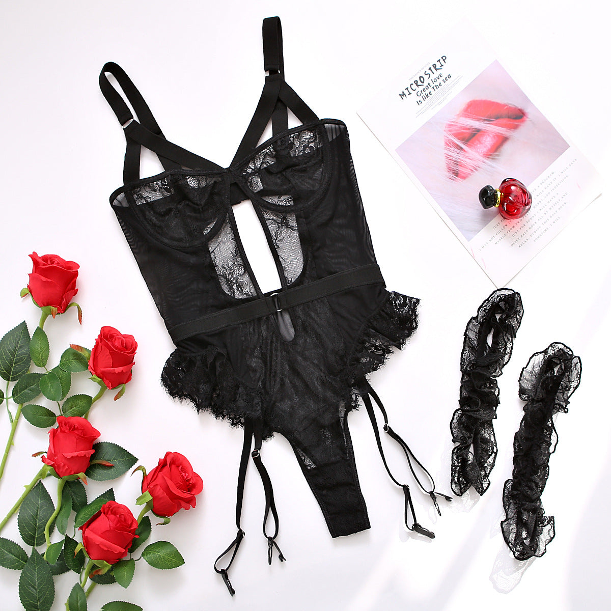 Freedombeauty | Embroidery lace backless three-point sexy one-piece lingerie women 21369
